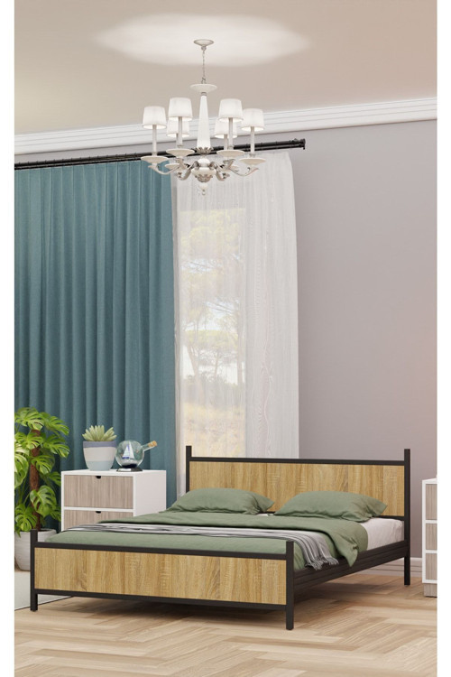 Gm 305 Modern Çift Kişilik Ahşap Metal Siyah Atlantik Çam Karyola 160X200