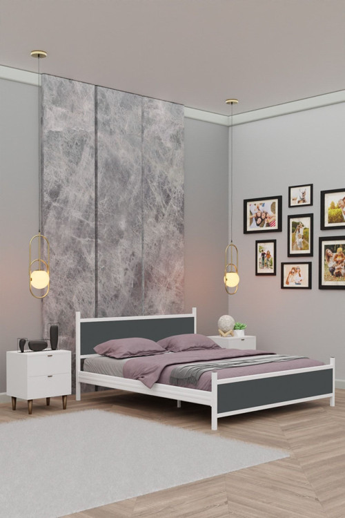 Gm 305 Modern Çift Kişilik Ahşap Metal Beyaz Antrasit Gri Karyola 160X200