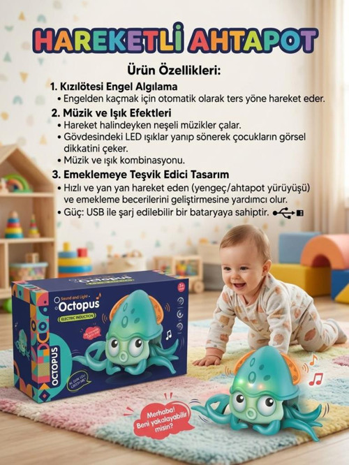 Hareketli Müzikli Işıklı Engelden Kaçan Sensörlü Eğitici Emekleme Arkadaşı Oyuncak Ahtapot TURKUAZ