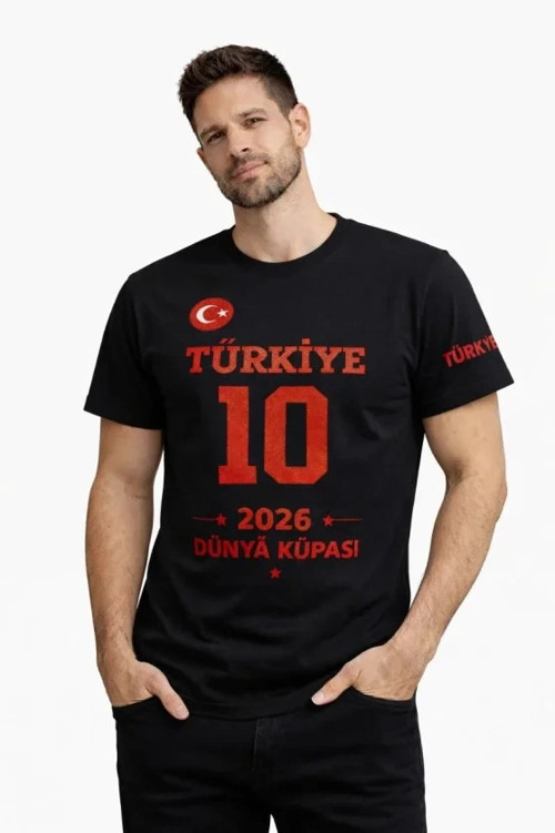 Erkek TÜRKİYE Baskılı Tişört 2026 Dünya Kupası Taraftar Forma T-Shirt - Siyah