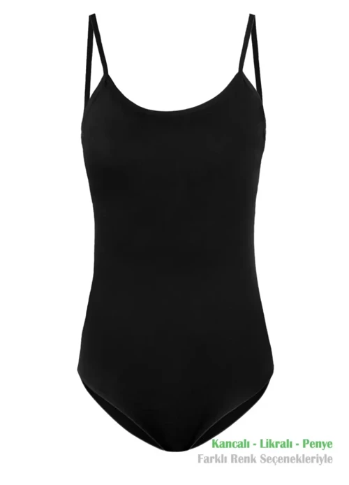 Kadın Siyah İnce Askılı Likralı Çıtçıtlı Kancalı Zıbın Body Atlet