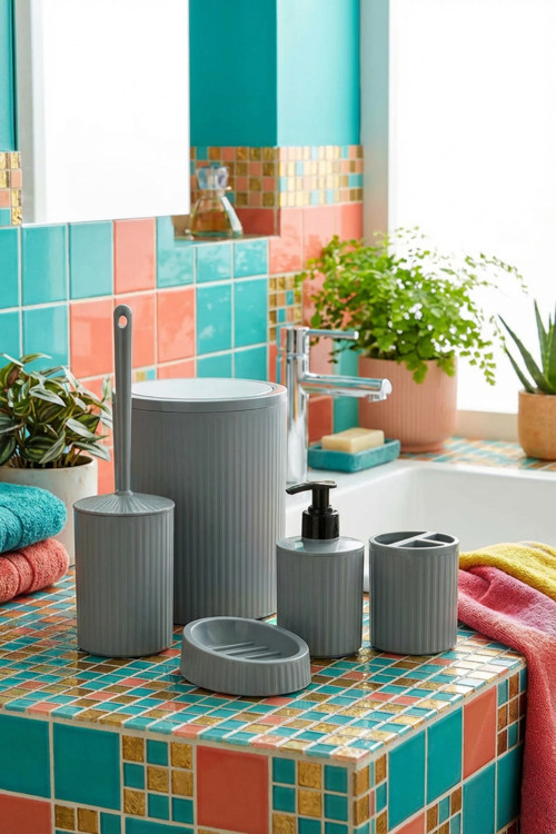 5 Parça Şık Gri Banyo Seti, Hacim: 6 litre