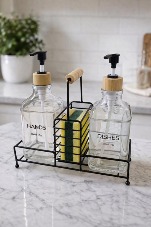 Lüks Bambu Kulplu Siyah Metal Stantlı İkili Cam Sıvı Sabunluk 500 ml, 23x9x23,5 cm