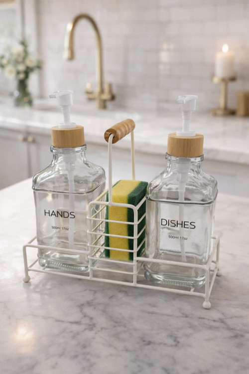 Lüks Bambu Kulplu Beyaz Metal Stantlı İkili Cam Sıvı Sabunluk 500 ml, 23x9x23,5 cm