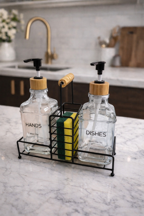 Lüks Cam Ikili Sıvı Sabunluk & Deterjanlık Seti- 500 Ml Cam Sabunluk, Bambu Kulplu Metal Stantlı