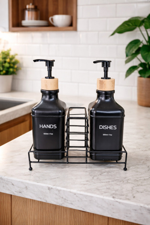 Stantlı Bambu Kapaklı İkili Cam Sıvı Sabunluk & Deterjanlık Seti – 2×500 ml, 22,5 × 8,5 × 24 cm