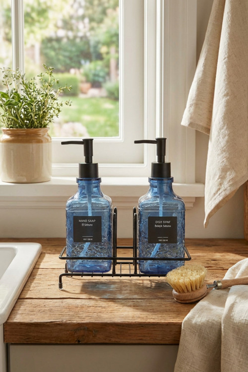 Modern Cam Sıvı Sabunluk & Deterjanlık Seti-500 ml Cam Sabunluk, Metal Stand'lı