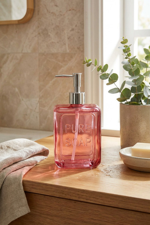 Renkli Cam Sıvı Sabunluk, 500 ml, Pembe