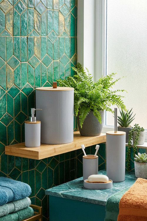 5 Parça Yuvarlak Banyo Seti, Bambu Kapaklı, Gri, Hacim: 7 litre