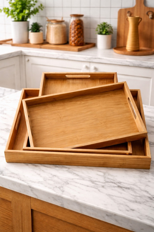 3'lü Dikdörtgen Bambu Tepsi Seti, Büyük: 29 x 41 cm, Orta: 26 x 37 cm, Küçük: 23 x 33 cm