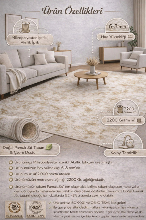 Modern Bej Gold Dokulu Halı Yüksek Havlı, 462.000 Nokta Pamuk Jüt Tabanlı Yumuşak Salon Halısı