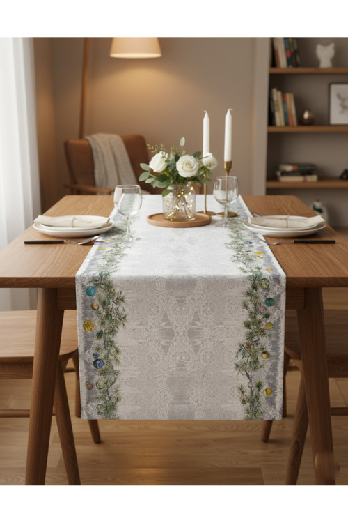 Gümüş Yılbaşı Pamuklu Masa Runner 0066– 50X150 Cm