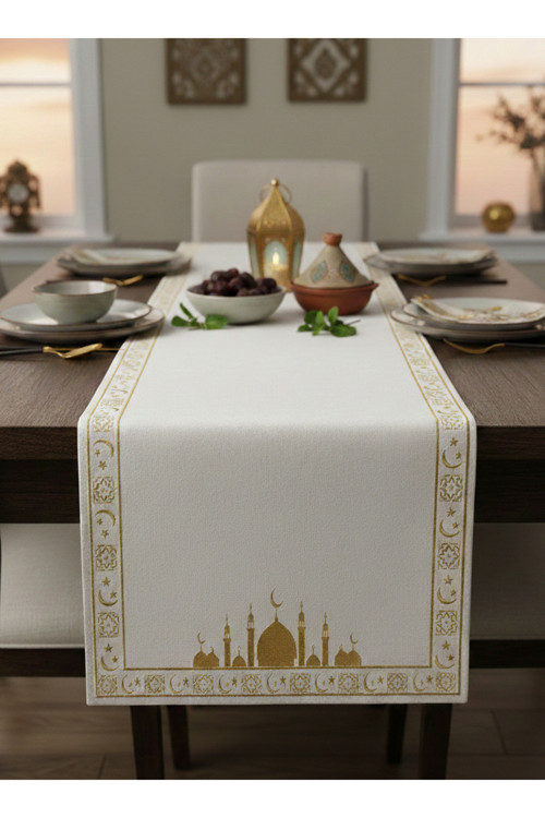 Gold Ramadan Kareem Pamuklu Masa Runner 0117– 50X150 Cm