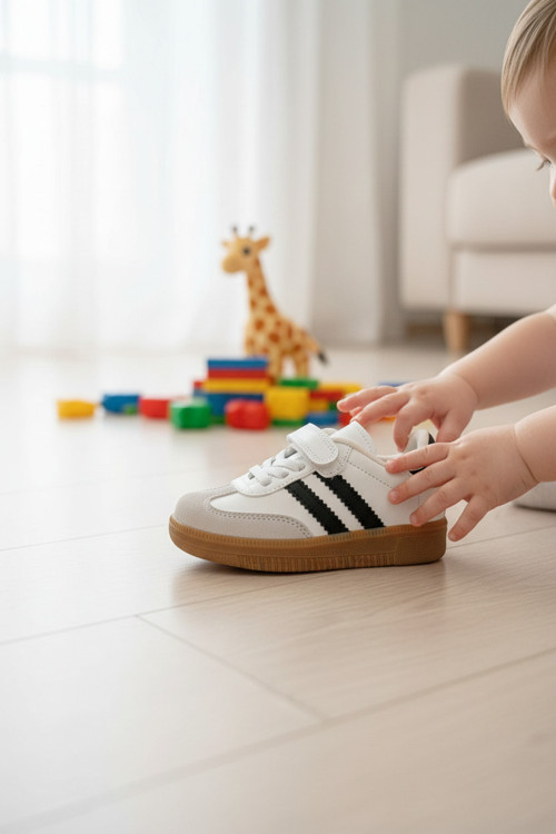 İlk Adım Bebek Ayakkabısı Samba Model Cırtlı Bağcıklı Düz Tabanlı Ve Kolay Giyim