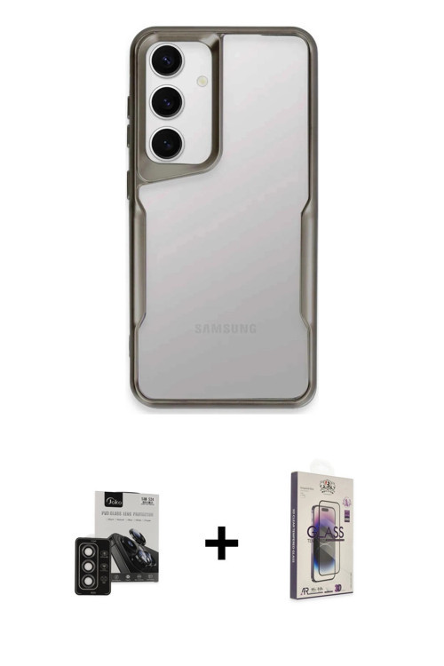 Galaxy S24 Kılıf Akış Çizgi Koleksiyonu - Siyah Bilvis 3D Cam Ekran Koruyucu + Titan Gri PVD Me