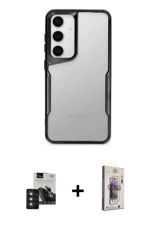 Galaxy S24 Kılıf Akış Çizgi Koleksiyonu - Siyah Bilvis 3D Cam Ekran Koruyucu + Titan Gri PVD Me