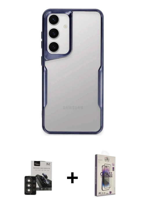 Galaxy S24 Kılıf Akış Çizgi Koleksiyonu - Siyah Bilvis 3D Cam Ekran Koruyucu + Titan Gri PVD Me