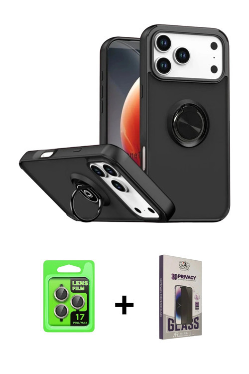 iPhone 17 Pro Kılıf Yörünge Çizgi - Siyah Bilvis Hayalet Cam Ekran Koruyucu + Gri Raze Metal Ka
