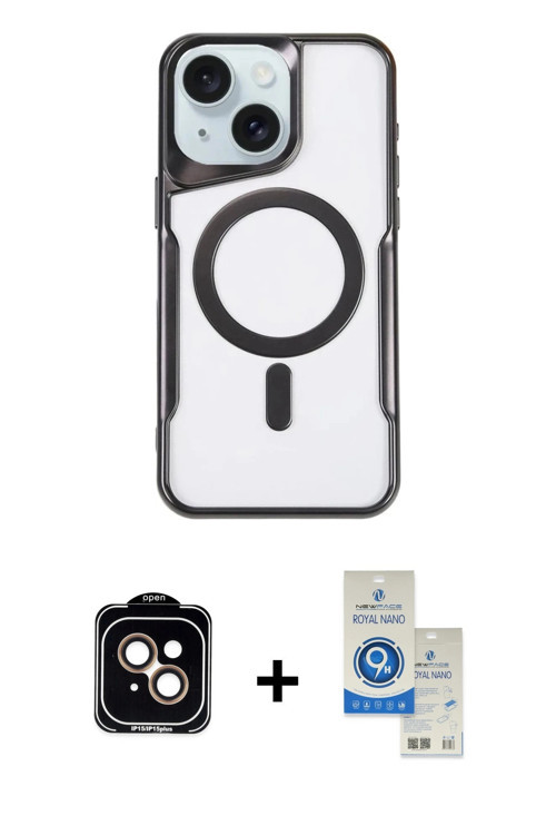 iPhone 14 Kılıf Yadigar Klasik Özel Seri - Şeffaf Royal Nano Ekran Koruyucu + Turuncu PVD Metal