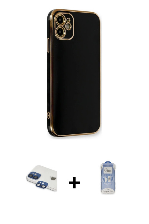 iPhone 11 Kılıf Yankı Serisi - Siyah Joko Magic 5D Cam + Lacivert Pers Alüminyum Kamera Lens