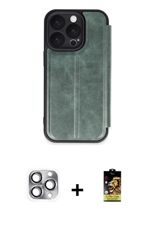 iPhone 16 Pro Max Kılıf Zirve Yansıma Serisi - Siyah Buffer Cam Ekran Koruyucu + Gri Pers Alümi