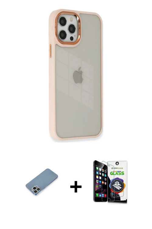iPhone 12 Pro Max Kılıf Eksen Doku Prime - Şeffaf Temperli Cam Ekran Koruyucu + Gökkuşağı Shine