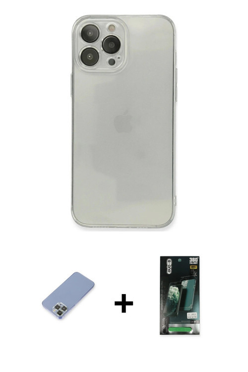 iPhone 13 Pro Max Kılıf Ahenk Doku - Şeffaf 360 Full Body Arka Koruyucu + Koyu Yeşil Metal Kame