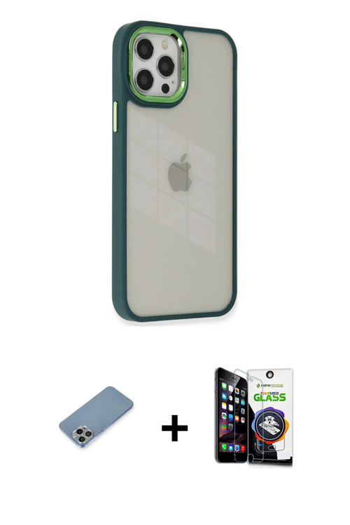 iPhone 12 Pro Max Kılıf Eksen Doku Prime - Şeffaf Temperli Cam Ekran Koruyucu + Gökkuşağı Shine