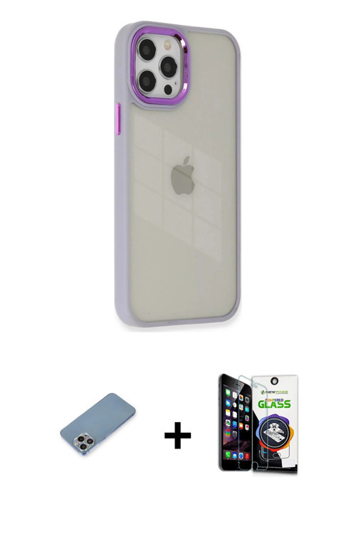 iPhone 12 Pro Max Kılıf Eksen Doku Prime - Şeffaf Temperli Cam Ekran Koruyucu + Gökkuşağı Shine