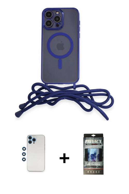 iPhone 12 Pro Kılıf Eksen Özel Seri - Siyah 34D Hayalet Izgaralı Cam + Mavi Shine Kamera Lens