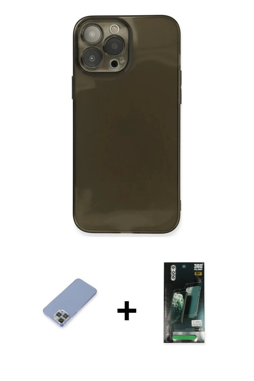 iPhone 13 Pro Max Kılıf Ahenk Doku - Şeffaf 360 Full Body Arka Koruyucu + Koyu Yeşil Metal Kame