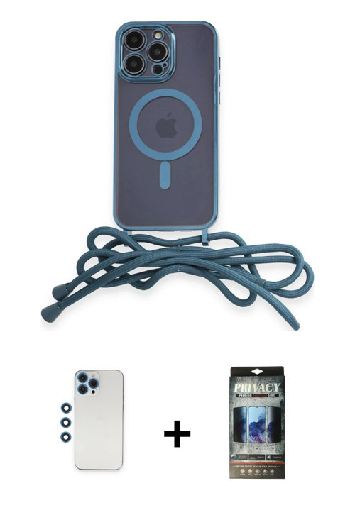 iPhone 12 Pro Kılıf Eksen Özel Seri - Siyah 34D Hayalet Izgaralı Cam + Mavi Shine Kamera Lens
