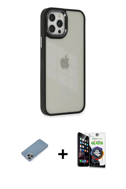 iPhone 12 Pro Max Kılıf Eksen Doku Prime - Şeffaf Temperli Cam Ekran Koruyucu + Gökkuşağı Shine