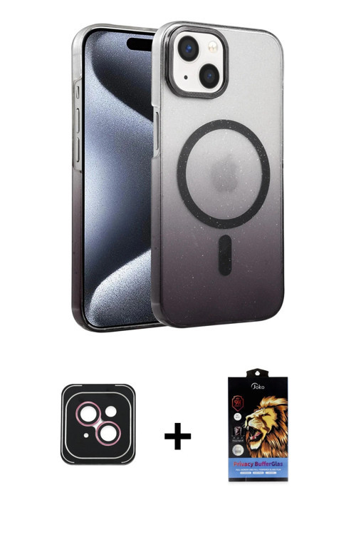 iPhone 14 Kılıf Ahenk Doku Özel Seri - Siyah Buffer Hayalet Cam Ekran Koruyucu + Pembe PVD Meta
