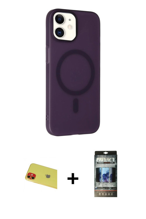 iPhone 11 Kılıf Çekirdek Modern Prime - Siyah 34D Hayalet Izgaralı Cam + Kırmızı Rainbow Kamera