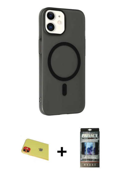 iPhone 11 Kılıf Çekirdek Modern Prime - Siyah 34D Hayalet Izgaralı Cam + Kırmızı Rainbow Kamera
