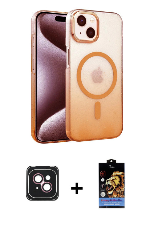 iPhone 14 Kılıf Ahenk Doku Özel Seri - Siyah Buffer Hayalet Cam Ekran Koruyucu + Pembe PVD Meta