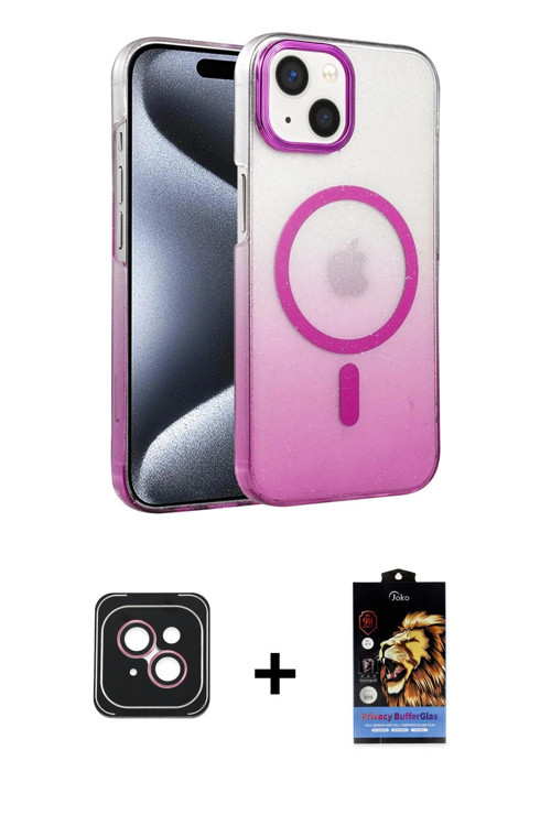 iPhone 14 Kılıf Ahenk Doku Özel Seri - Siyah Buffer Hayalet Cam Ekran Koruyucu + Pembe PVD Meta