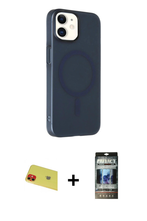 iPhone 11 Kılıf Çekirdek Modern Prime - Siyah 34D Hayalet Izgaralı Cam + Kırmızı Rainbow Kamera