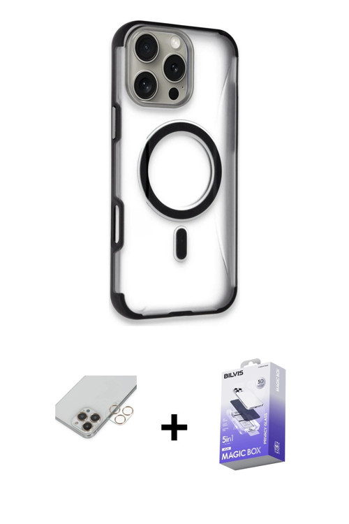 iPhone 14 Pro Max Kılıf Eksen Klasik Koleksiyonu - Siyah Bilvis 5in1 5D Magic Hayalet Cam Ekran