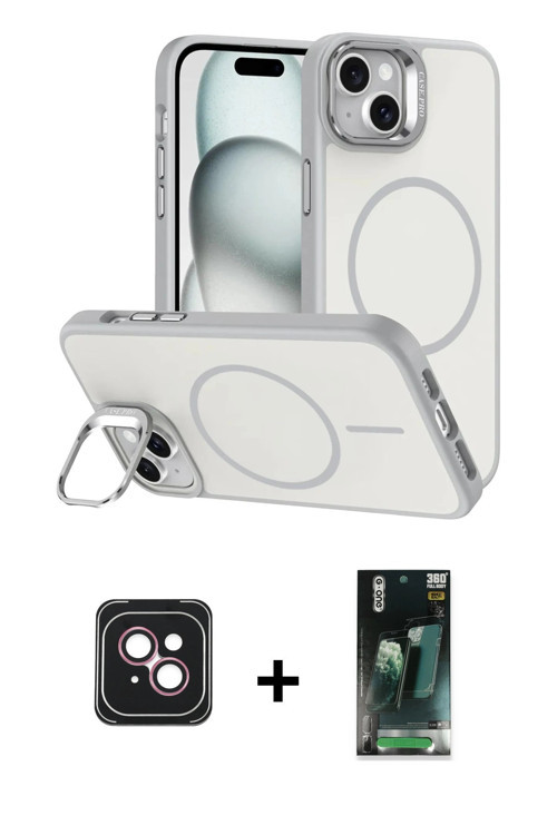 iPhone 14 Kılıf Çekirdek Klasik - Şeffaf 360 Full Body Arka Koruyucu + Pembe PVD Metal Kamera L