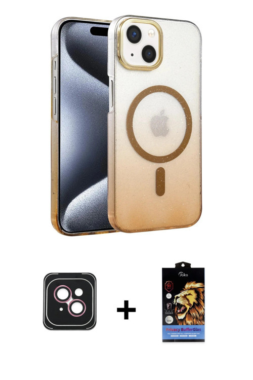 iPhone 14 Kılıf Ahenk Doku Özel Seri - Siyah Buffer Hayalet Cam Ekran Koruyucu + Pembe PVD Meta