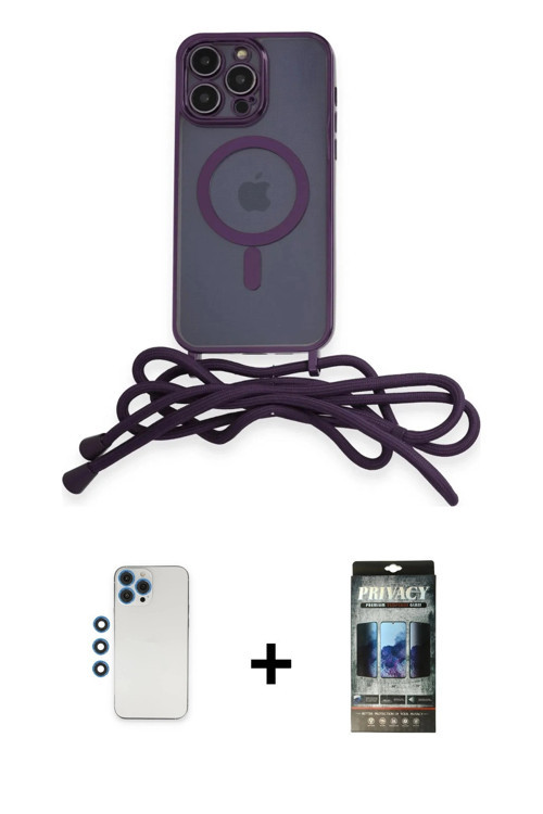 iPhone 12 Pro Kılıf Eksen Özel Seri - Siyah 34D Hayalet Izgaralı Cam + Mavi Shine Kamera Lens