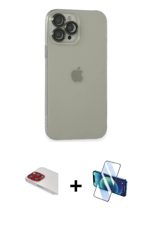iPhone 13 Pro Max Kılıf Ufuk Minimal Özel Seri - Siyah 3D Antistatik Cam Ekran Koruyucu + Kırmı
