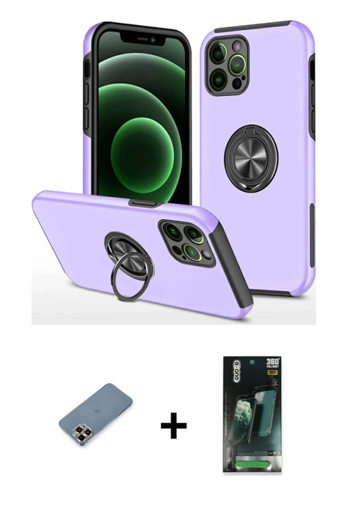 iPhone 12 Pro Kılıf Odak Form Prime - Şeffaf 360 Full Body Arka Koruyucu + Mor Metal Kamera Len