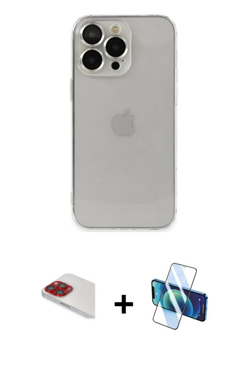 iPhone 13 Pro Max Kılıf Ufuk Minimal Özel Seri - Siyah 3D Antistatik Cam Ekran Koruyucu + Kırmı