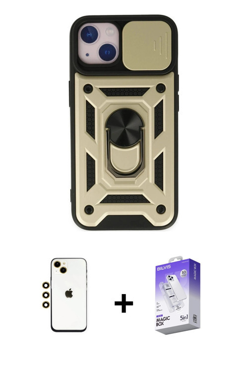 iPhone 14 Kılıf Ahenk Klasik - Siyah Bilvis 5in1 3D Magic Cam Ekran Koruyucu + Gold Shine Kamer