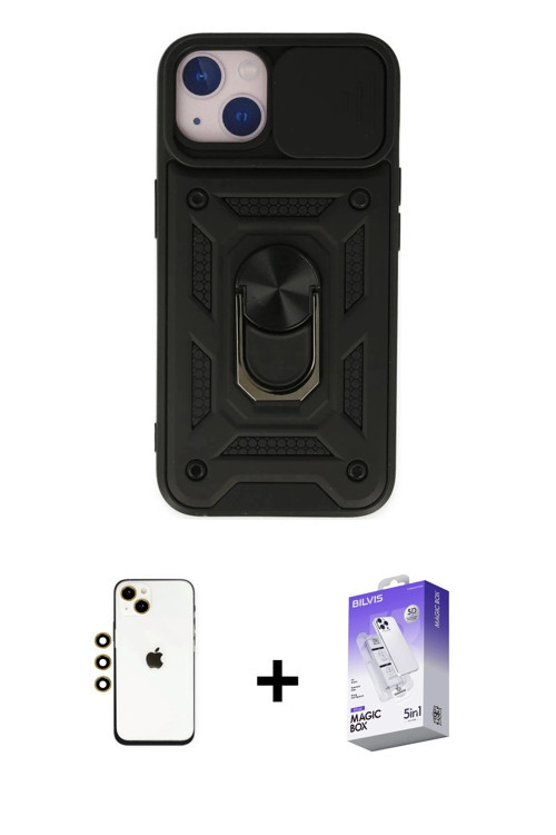iPhone 14 Kılıf Ahenk Klasik - Siyah Bilvis 5in1 3D Magic Cam Ekran Koruyucu + Gold Shine Kamer
