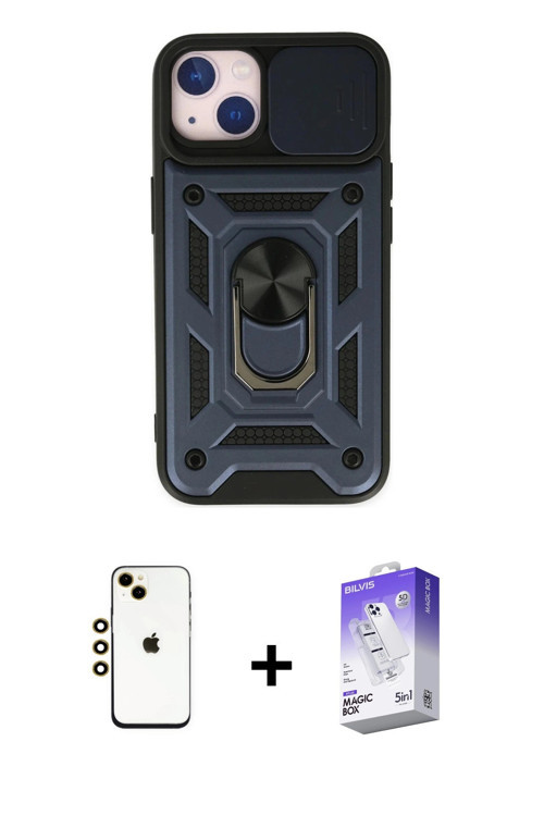 iPhone 14 Kılıf Ahenk Klasik - Siyah Bilvis 5in1 3D Magic Cam Ekran Koruyucu + Gold Shine Kamer