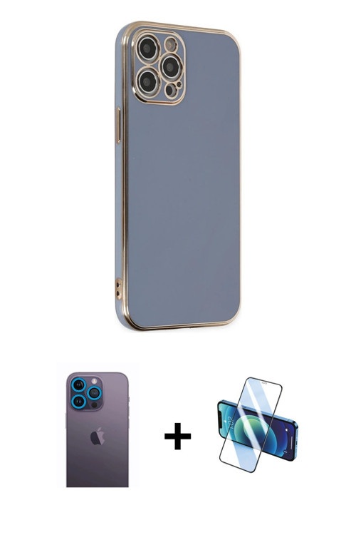 iPhone 12 Pro Kılıf Yankı Serisi - Siyah 3D Antistatik Seramik Nano Ekran Koruyucu + Mavi Neon
